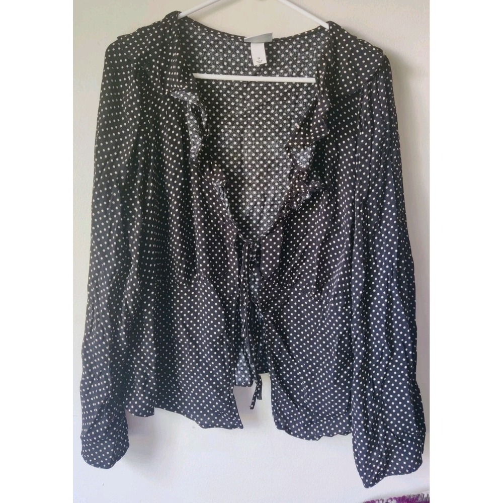 Ava & Viv Black Polka Dot Tie-front Ruffle Long Sleeve Blouse‎ Rayon Size 1X